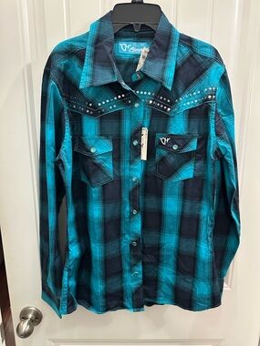 NWT CH  Hardware Ranch Wear Turquoise & Black Plaid Western Shirt women M